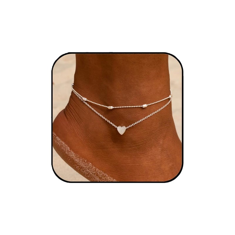 ARTMISS أرتميس أساور كاحل طبقية للنساء على شكل قلب فضية، سوار كاحل مزخرف بالخرز، مجوهرات قدم رقيقة للنساء لصيف الشاطئ العاري - Image 1